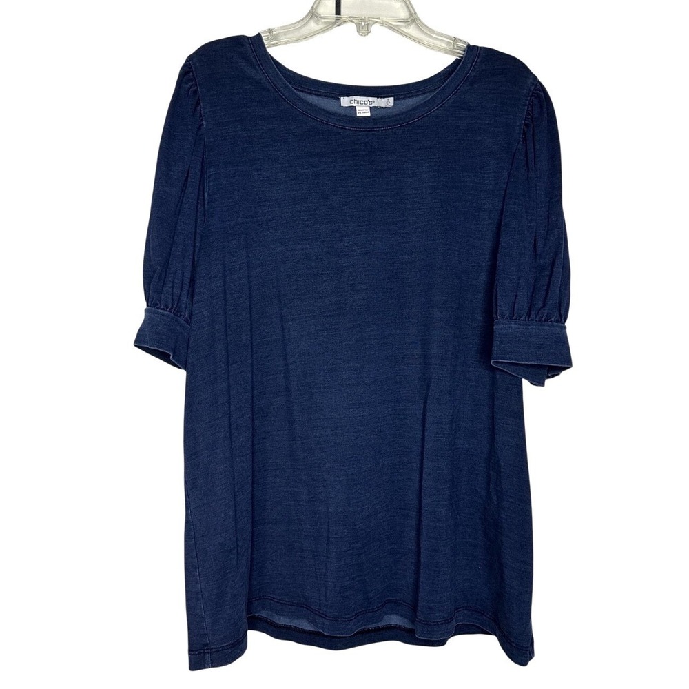 Chico's‎ Blue Knit Puff Sleeve T-Shirt Closet Staple Size 2 Large Women's